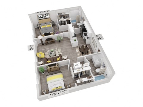 Floor plan for 2 beds, 2 baths, 850 sqft